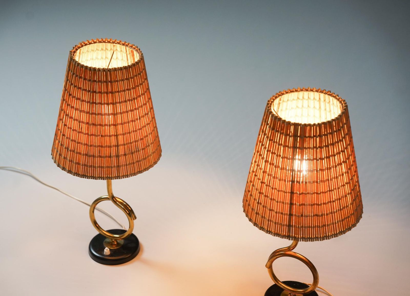 Pair Of Rare Table Lamps With Wooden Slat Shades, Valinte Oy, 1950s photo for sale