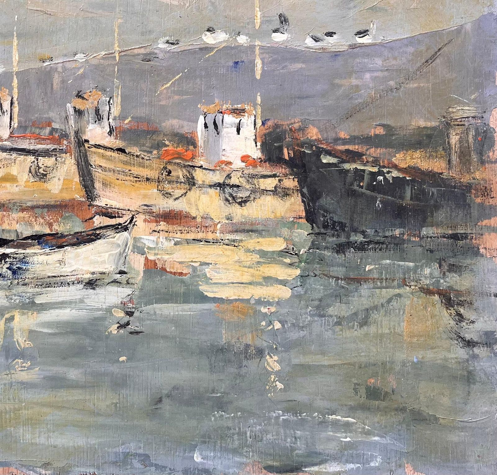 Fanch Lel French Impressionist Oil Painting Of Fishing Boats In Harbour With Reflections photo for sale