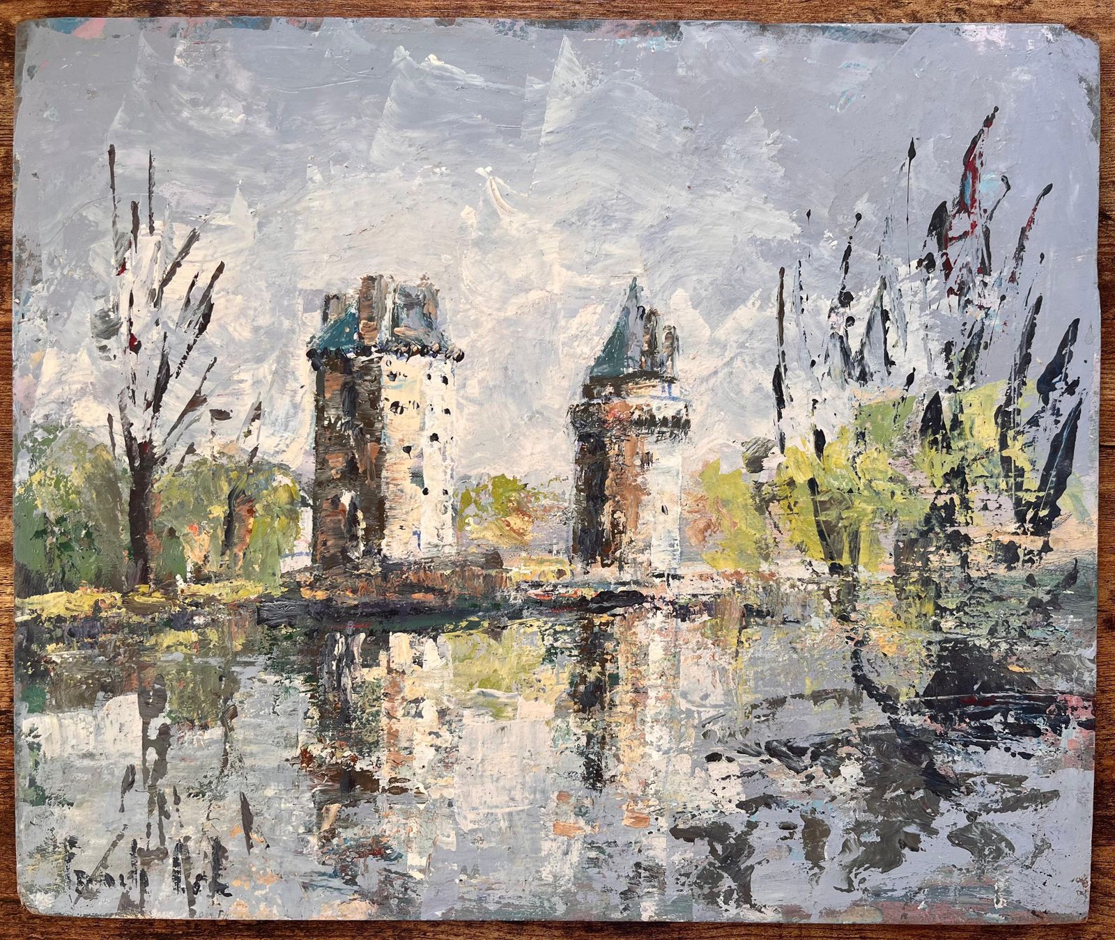 Fanch Lel French Impressionist Oil Of Twin Turrets And Trees Reflected In River Scene photo furniture