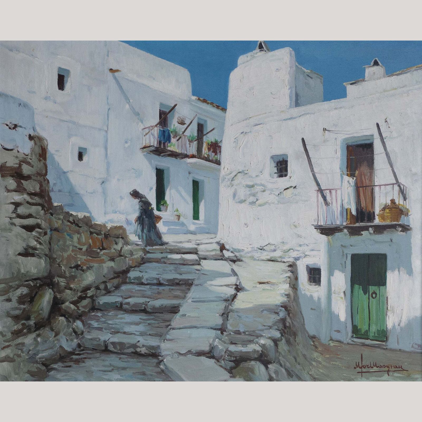 Ibizan Village Scenes – Pair Of Original Oil Paintings By Miquel Tort Masgrau photo vintage