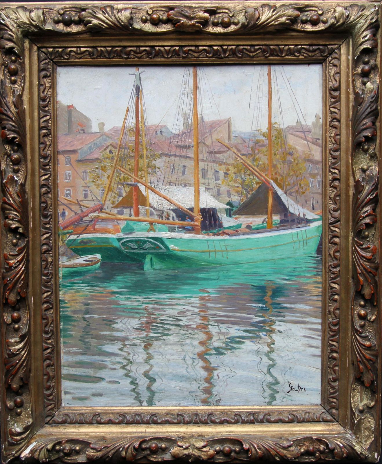 Roland Strasser  Harbour Scene Jakarta   Marine Art Oil Painting 1920 Indonesia Bugis Boatscirca 1920