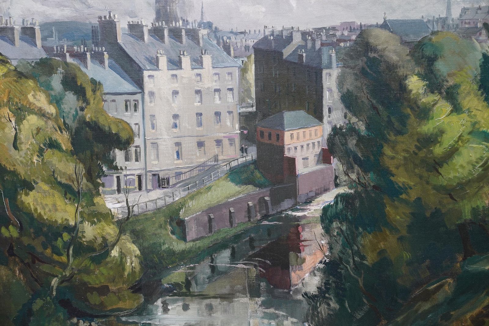 Harry Jefferson Barnesglasgow West End River Kelvin Townscape   Scottish 1950's Landscape Oil Paintingcirca 1950 photo for sale