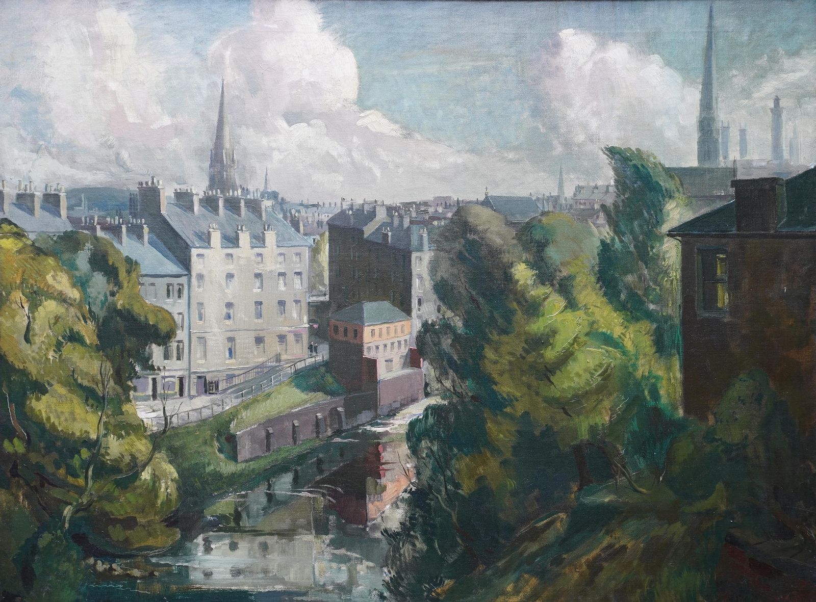 5609.0 Harry Jefferson Barnesglasgow West End River Kelvin Townscape   Scottish 1950's Landscape Oil Paintingcirca 1950 photo