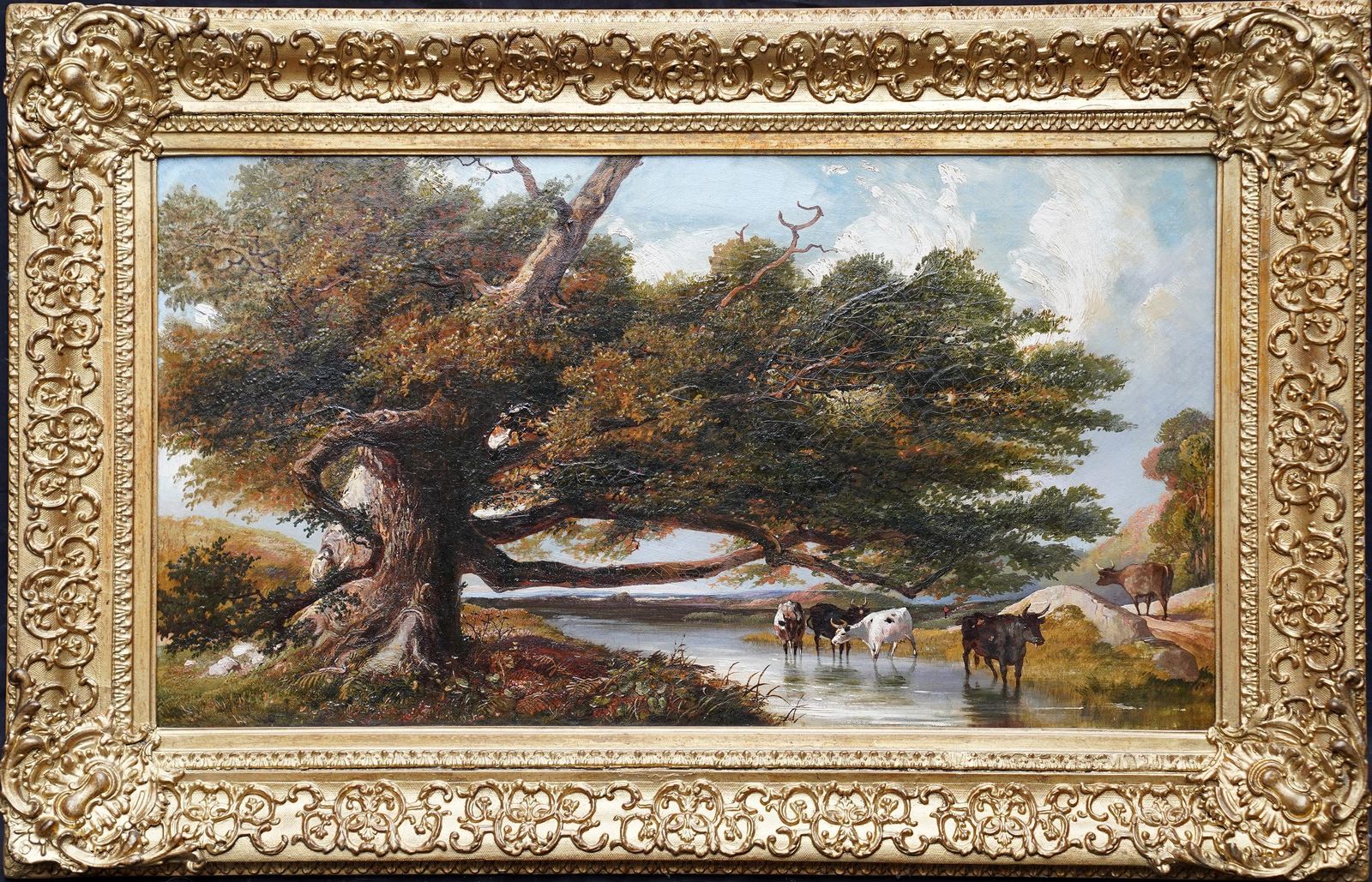 Cattle Watering In A Landscape   British 19th Century Art Victorian Oil Paintingcirca 1855