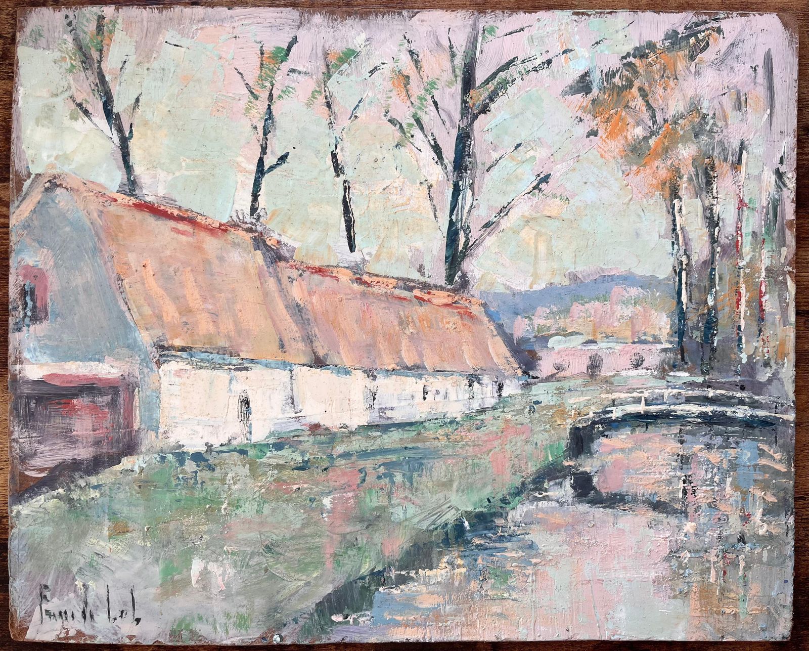 French Impressionist Oil Of Thatched Farmhouse With River And Bridge photo furniture