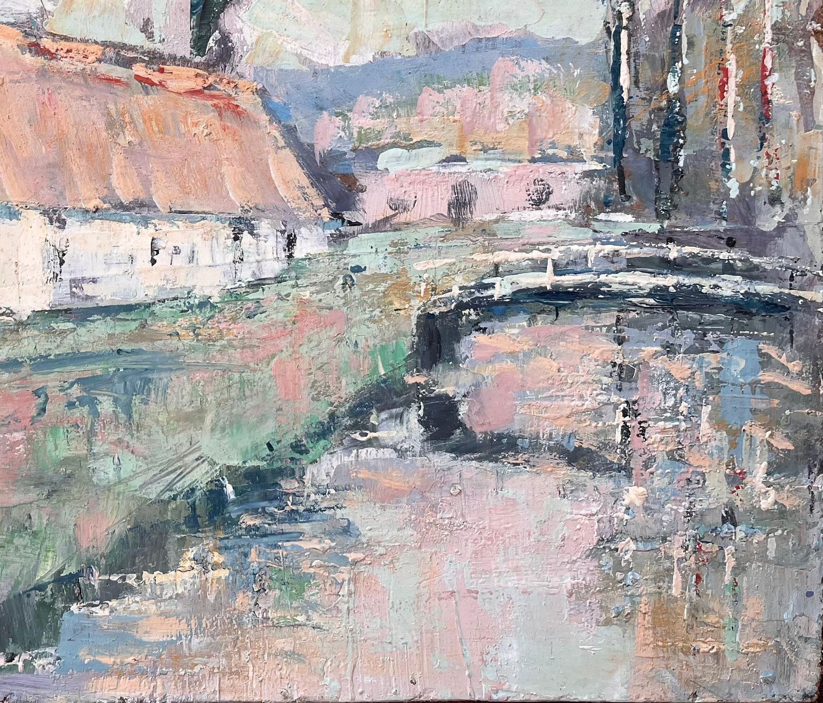 French Impressionist Oil Of Thatched Farmhouse With River And Bridge photo for sale