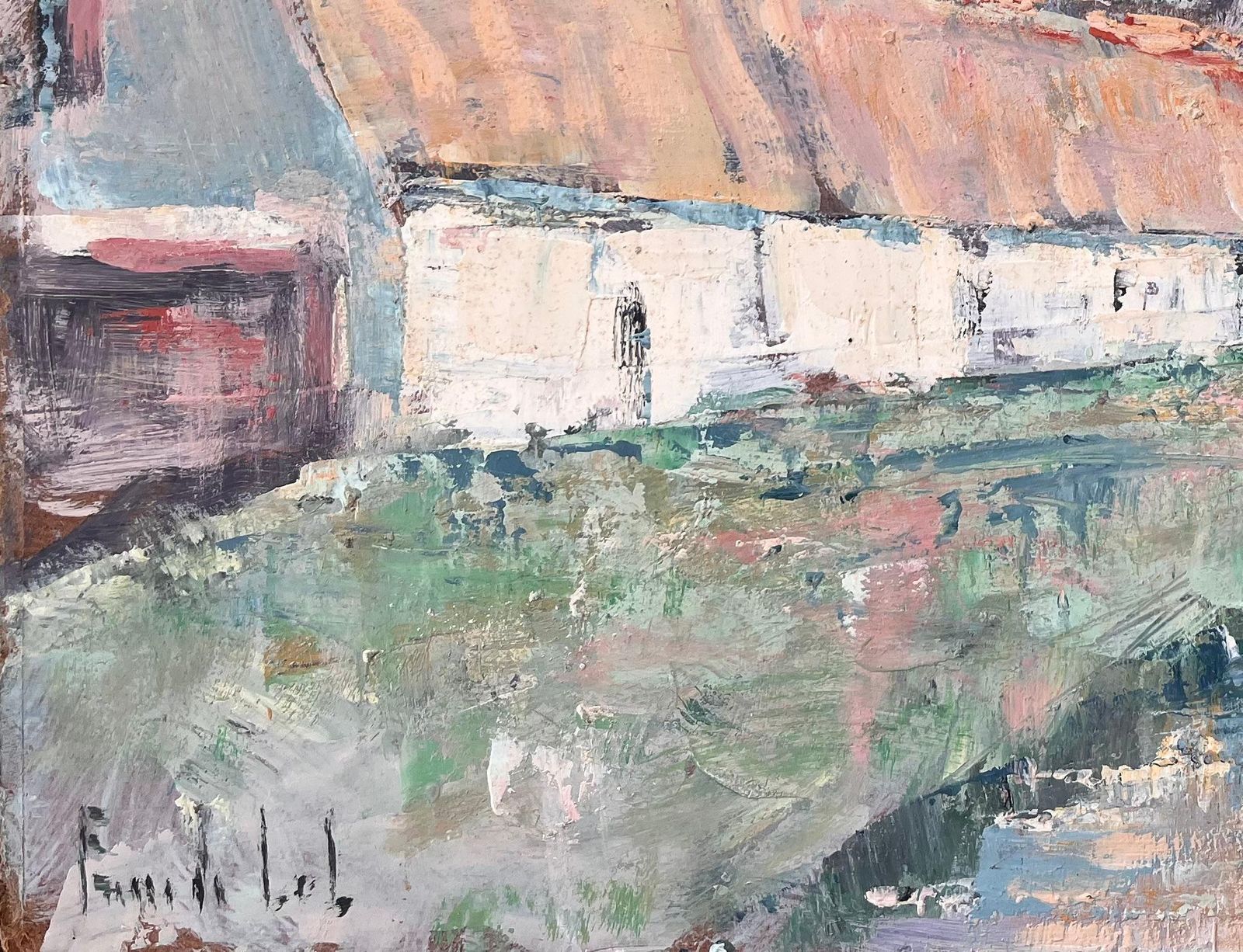 French Impressionist Oil Of Thatched Farmhouse With River And Bridge photo Art