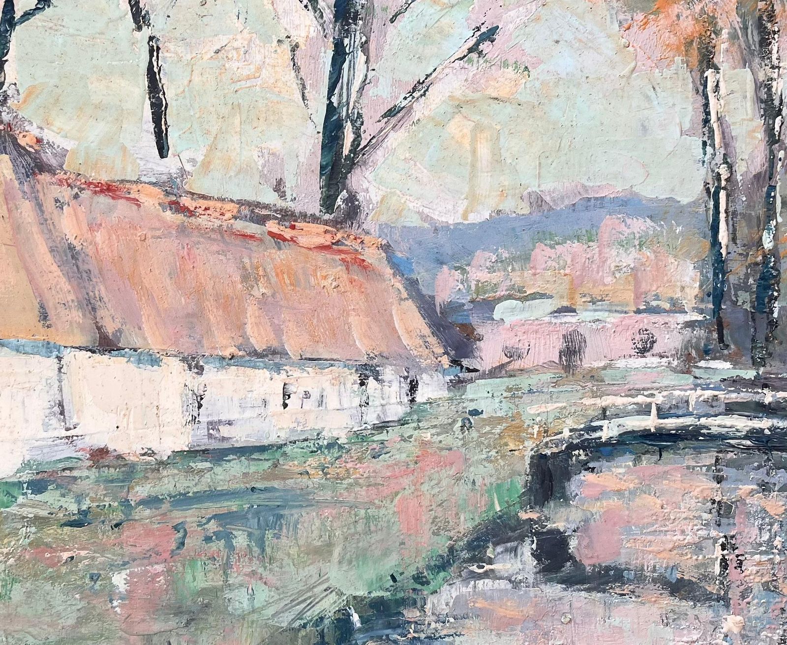 French Impressionist Oil Of Thatched Farmhouse With River And Bridge photo buy