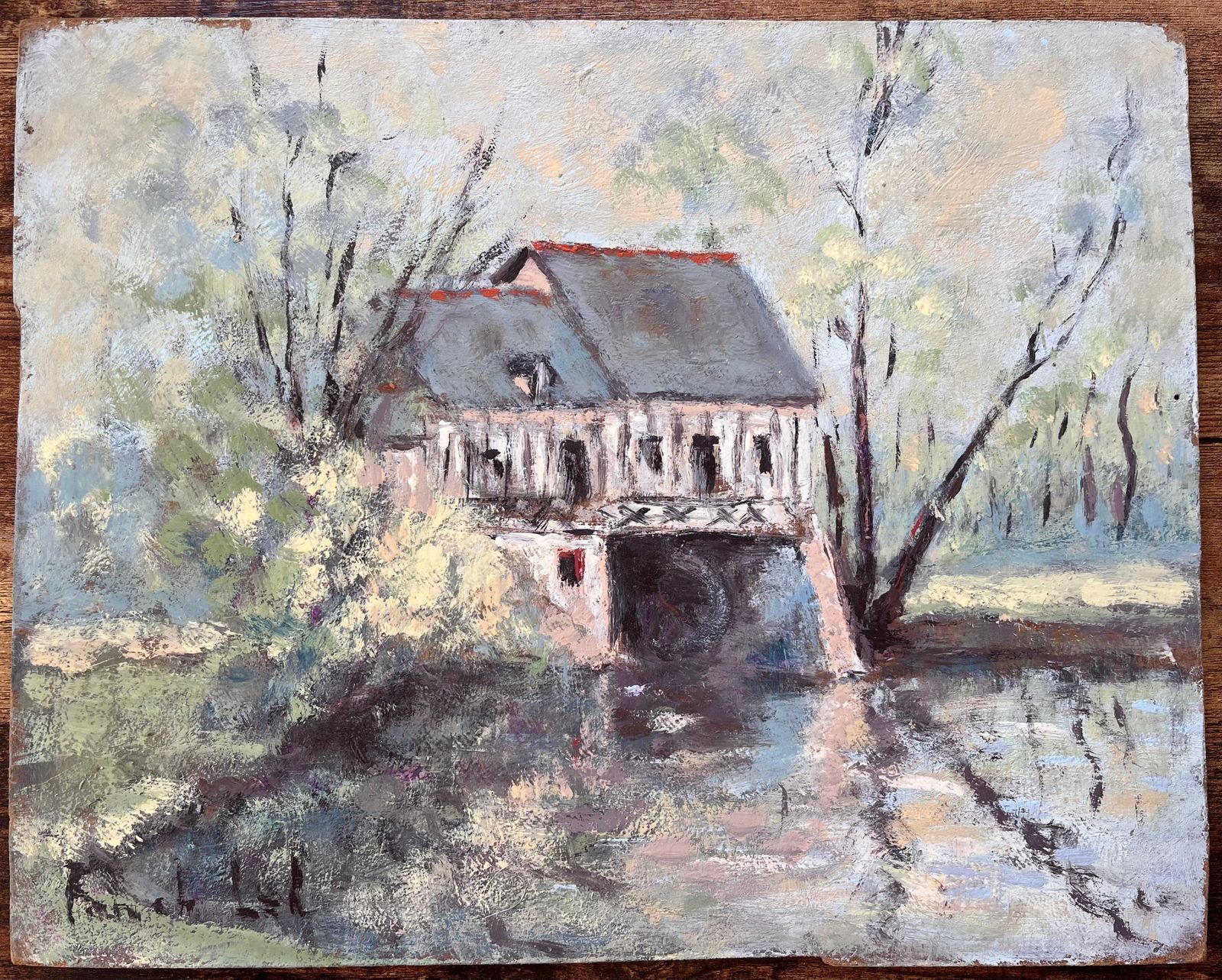 Fanch Lel French Impressionist Oil Of Riverside Mill House With Trees And Reflections photo furniture
