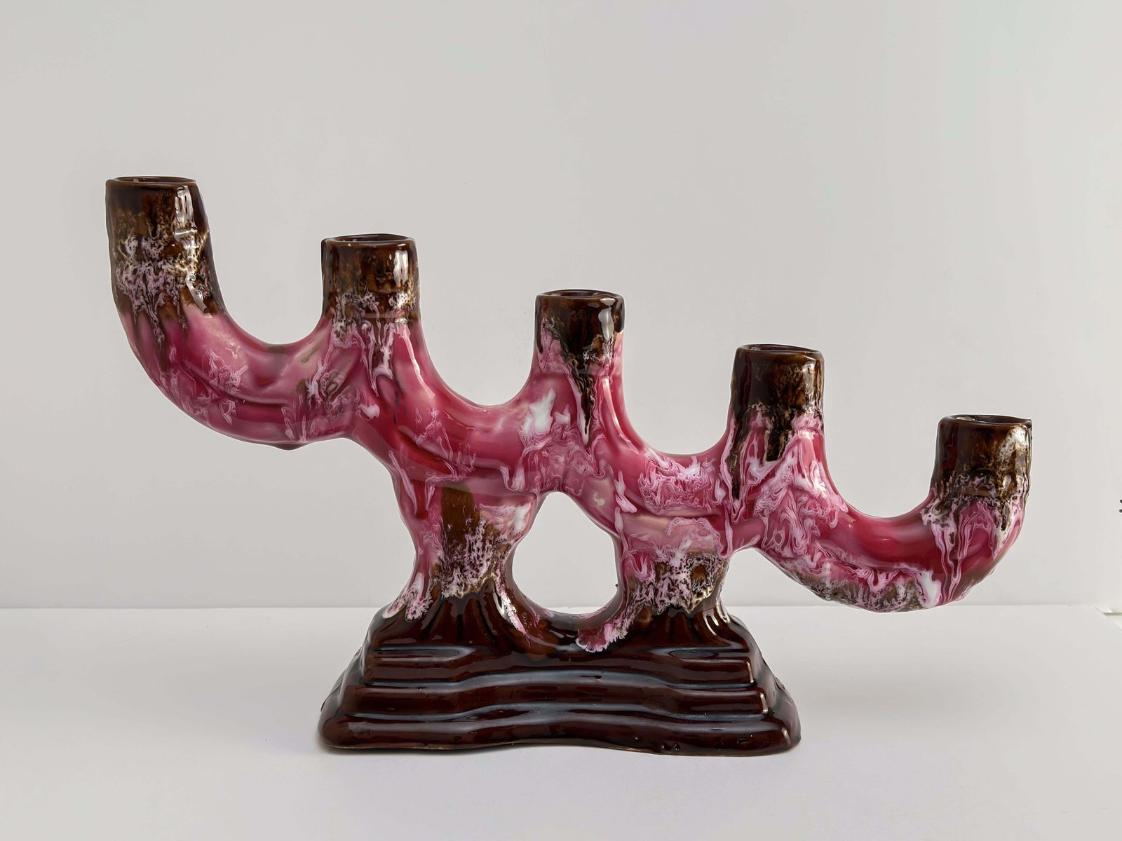 Vallauris, Vintage Candelabra, Pink Brown Glaze Ceramic, C.1960s France photo for sale