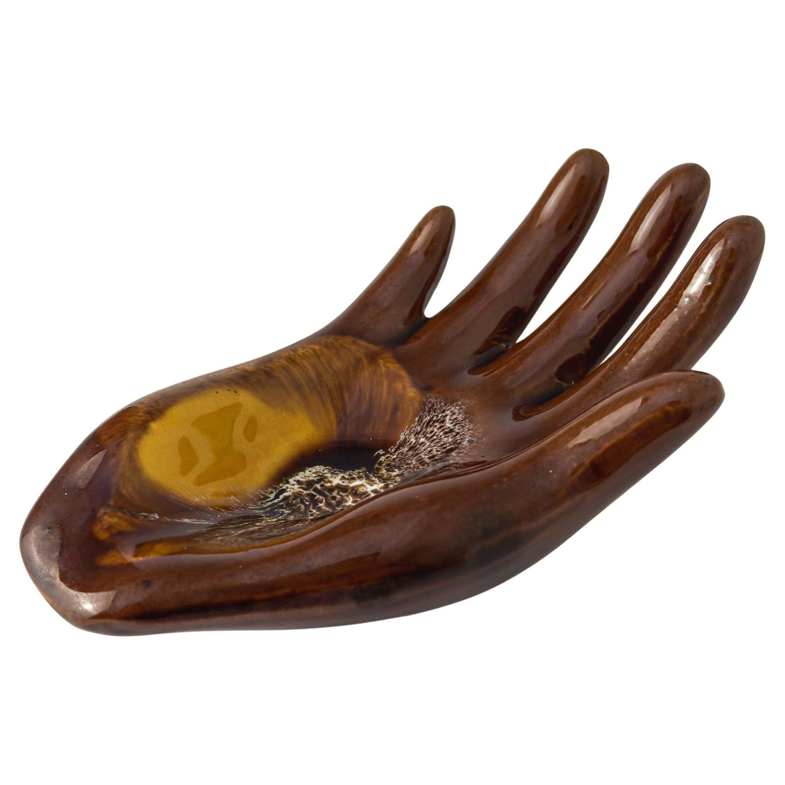 Vallauris Hand Shaped Ceramic Dish, Brown & Amber Glaze, France, C. 1960s