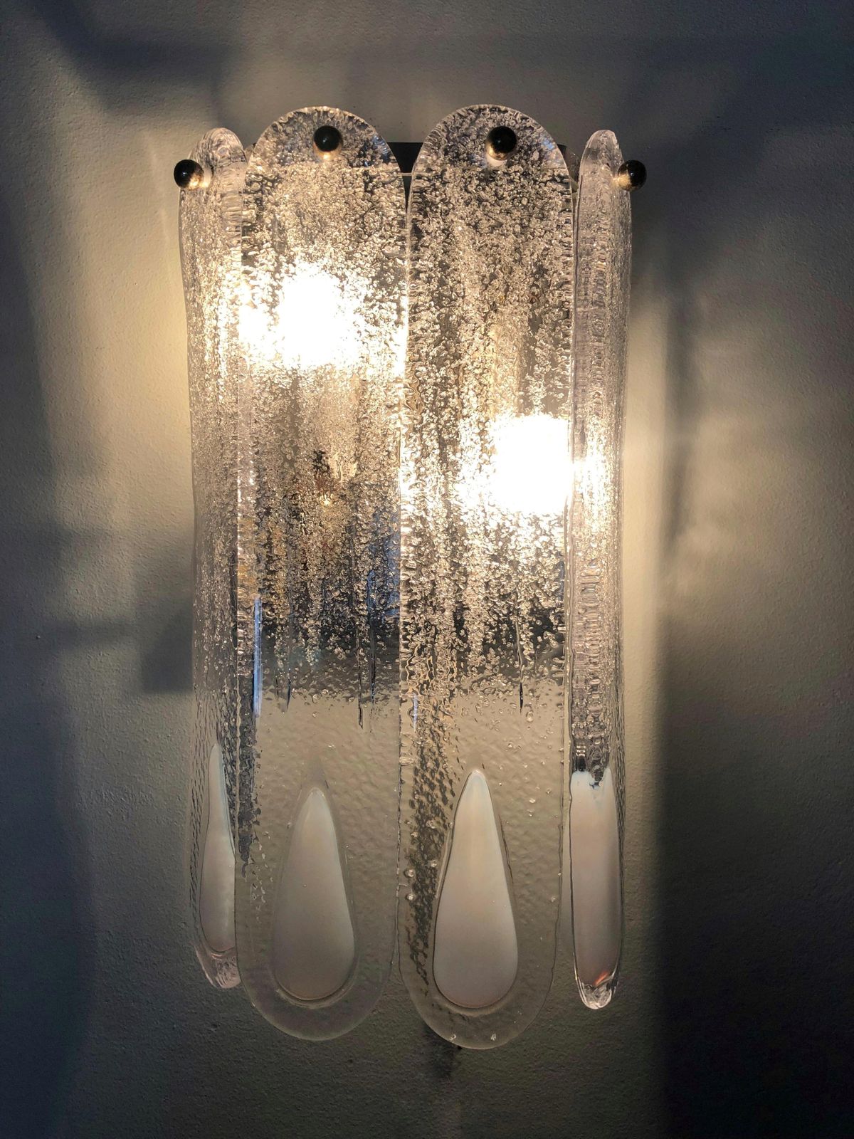 Italian Mid Century Pair Of White Murano Glass Wall Sconces By Mazzega, 1970s photo 2886.0