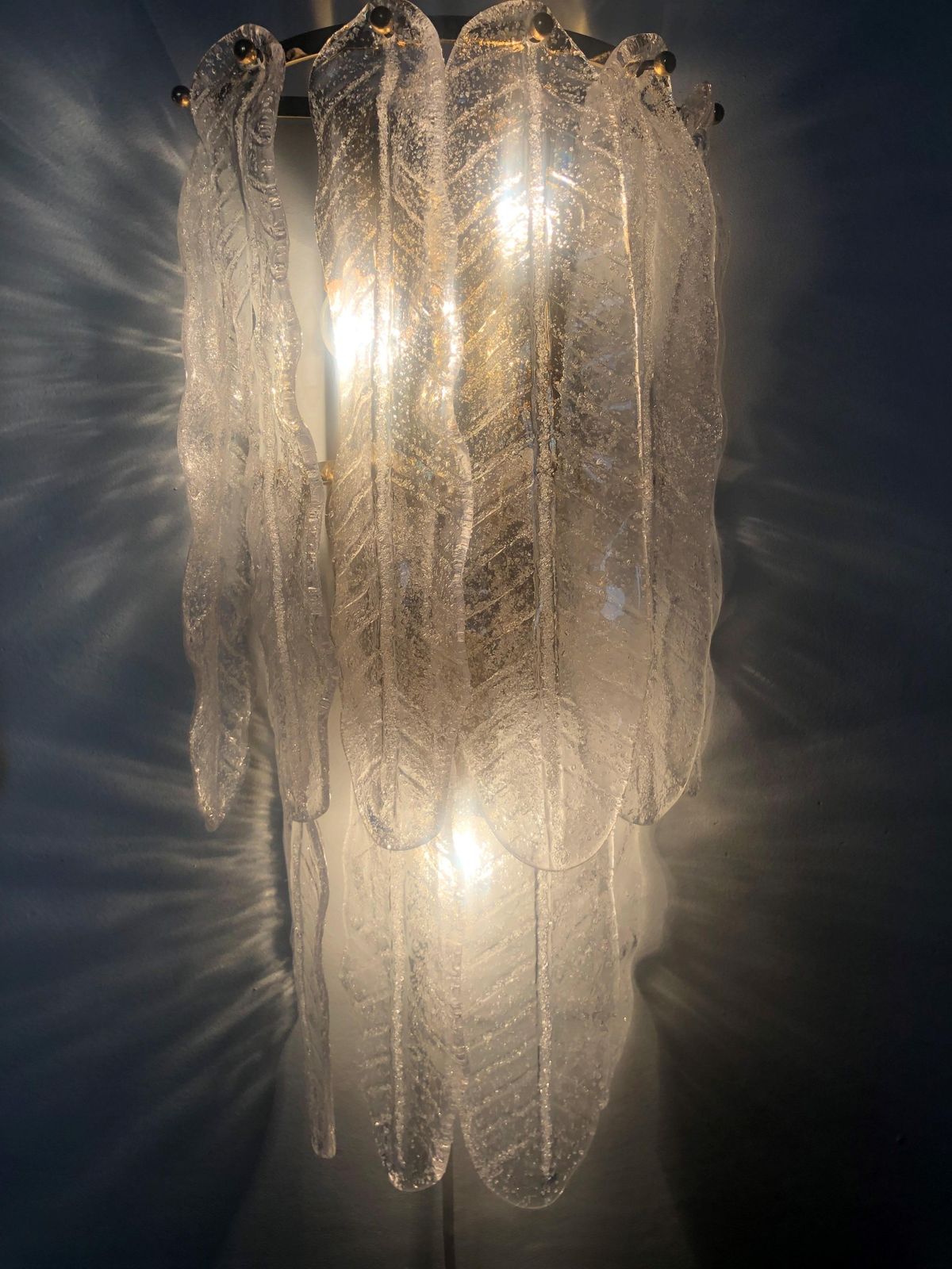 Italian Midcentury Large Pair Of Leaf Murano Wall Sconces By Mazzega, 1970s photo for sale