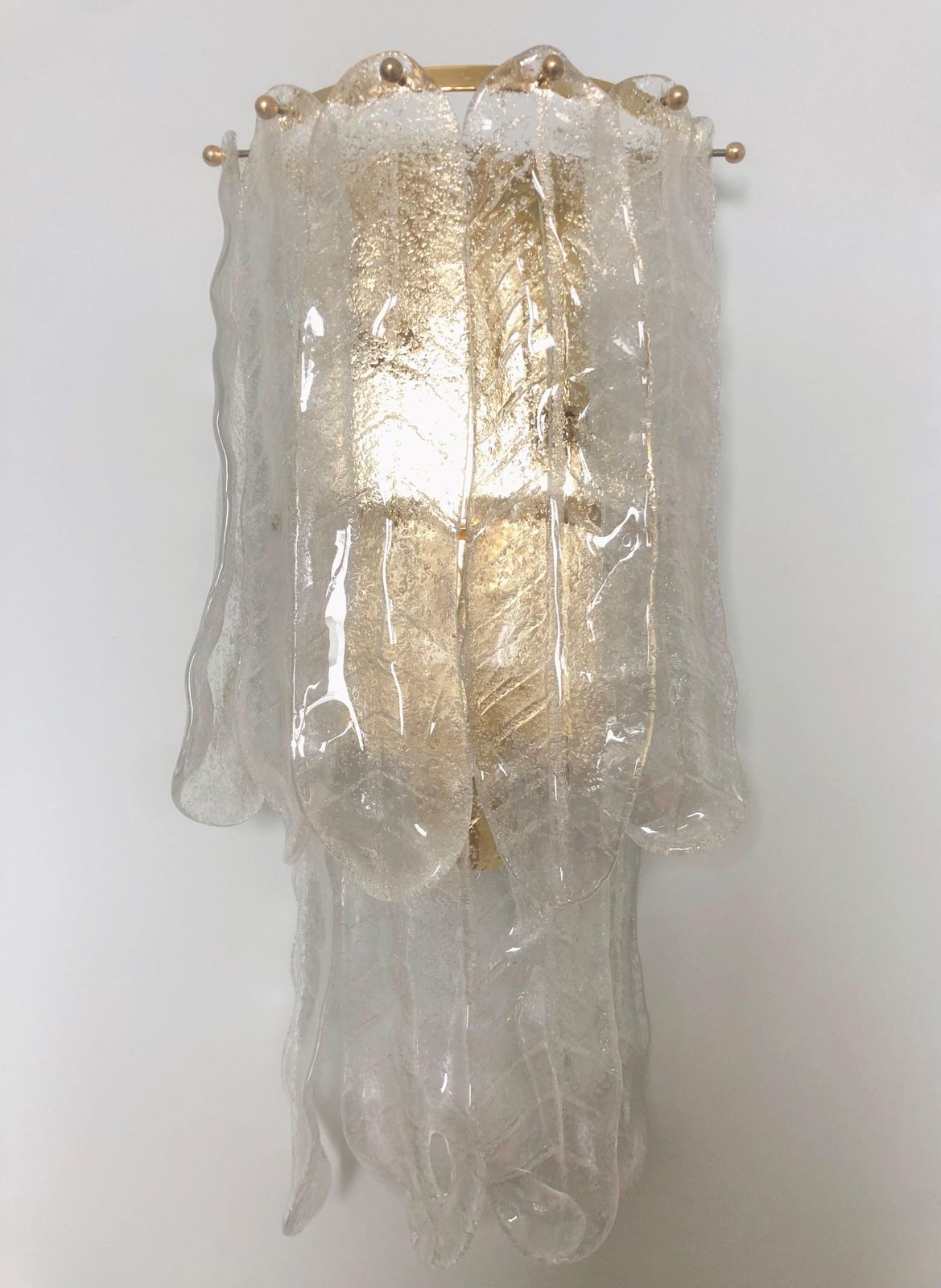 photo for sale Italian Midcentury Large Pair Of Leaf Murano Wall Sconces By Mazzega, 1970s