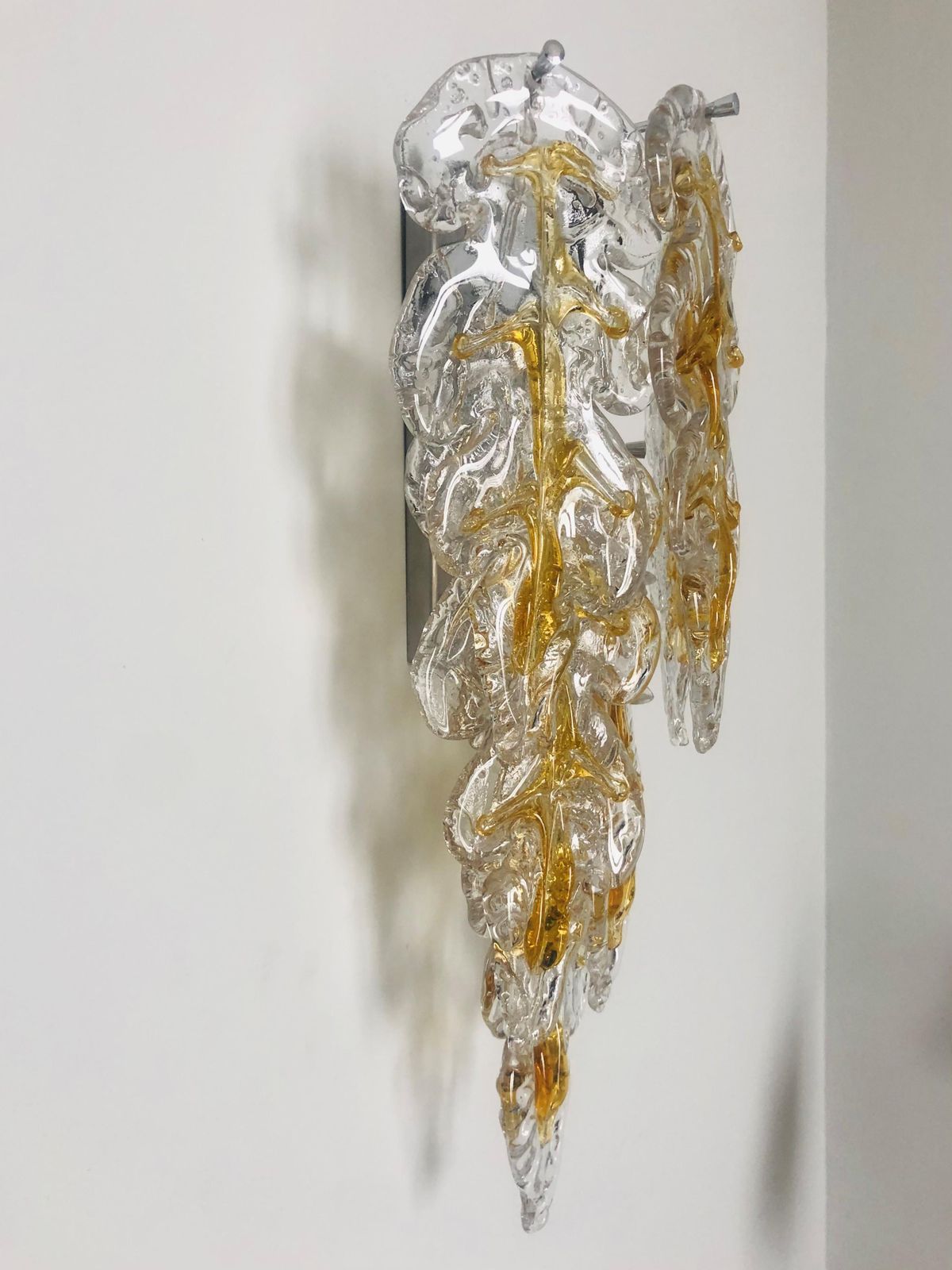Italian Lomg Midcentury Amber Murano Glass Leaf Wall Sconce By Mazzega, 1970s photo Lighting