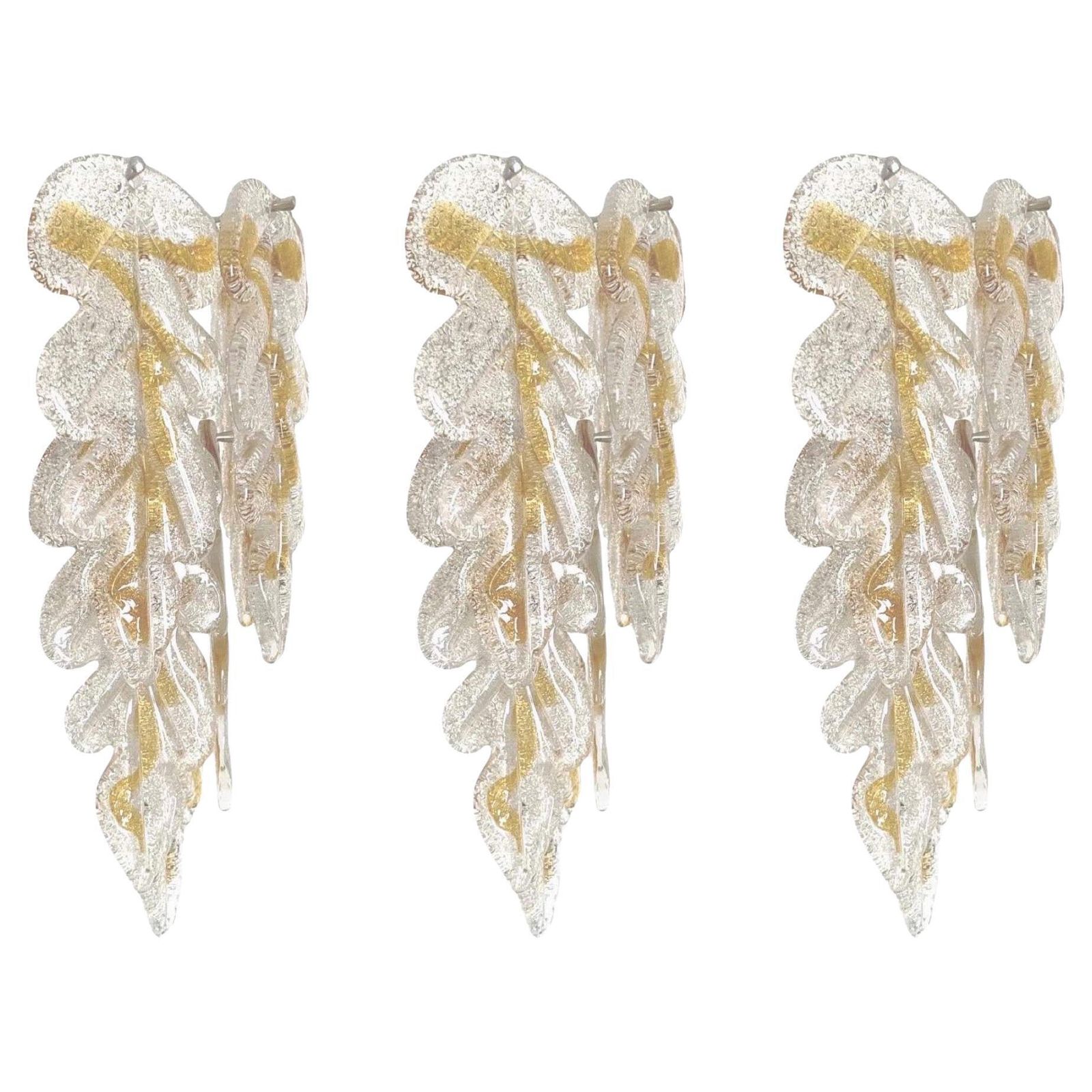 Italian Midcentury Set Of Three Amber Murano Wall Sconces By Mazzega, 1970s