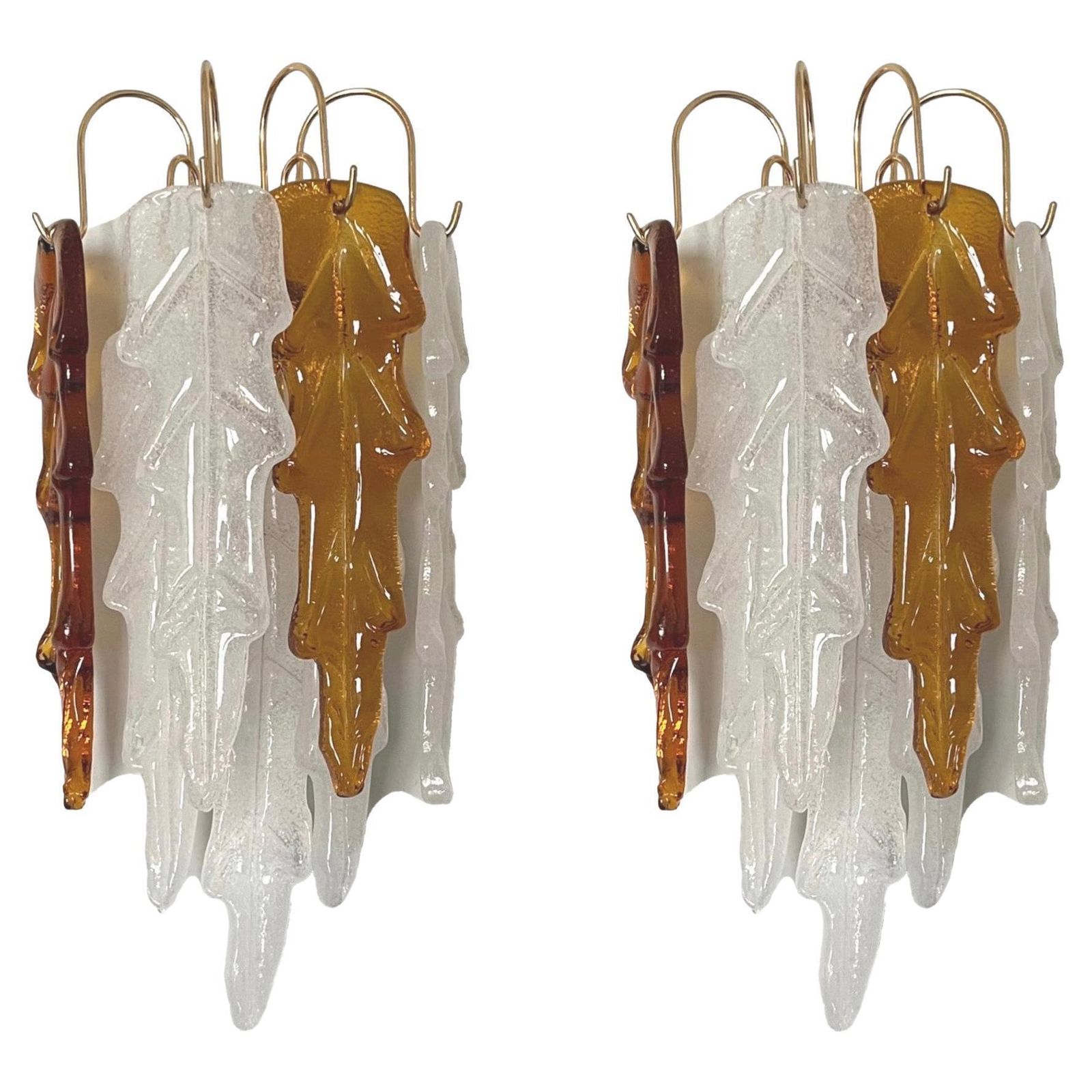 Italian Mid Century Pair Of White Amber Murano Wall Sconces By Mazzega, 1970s