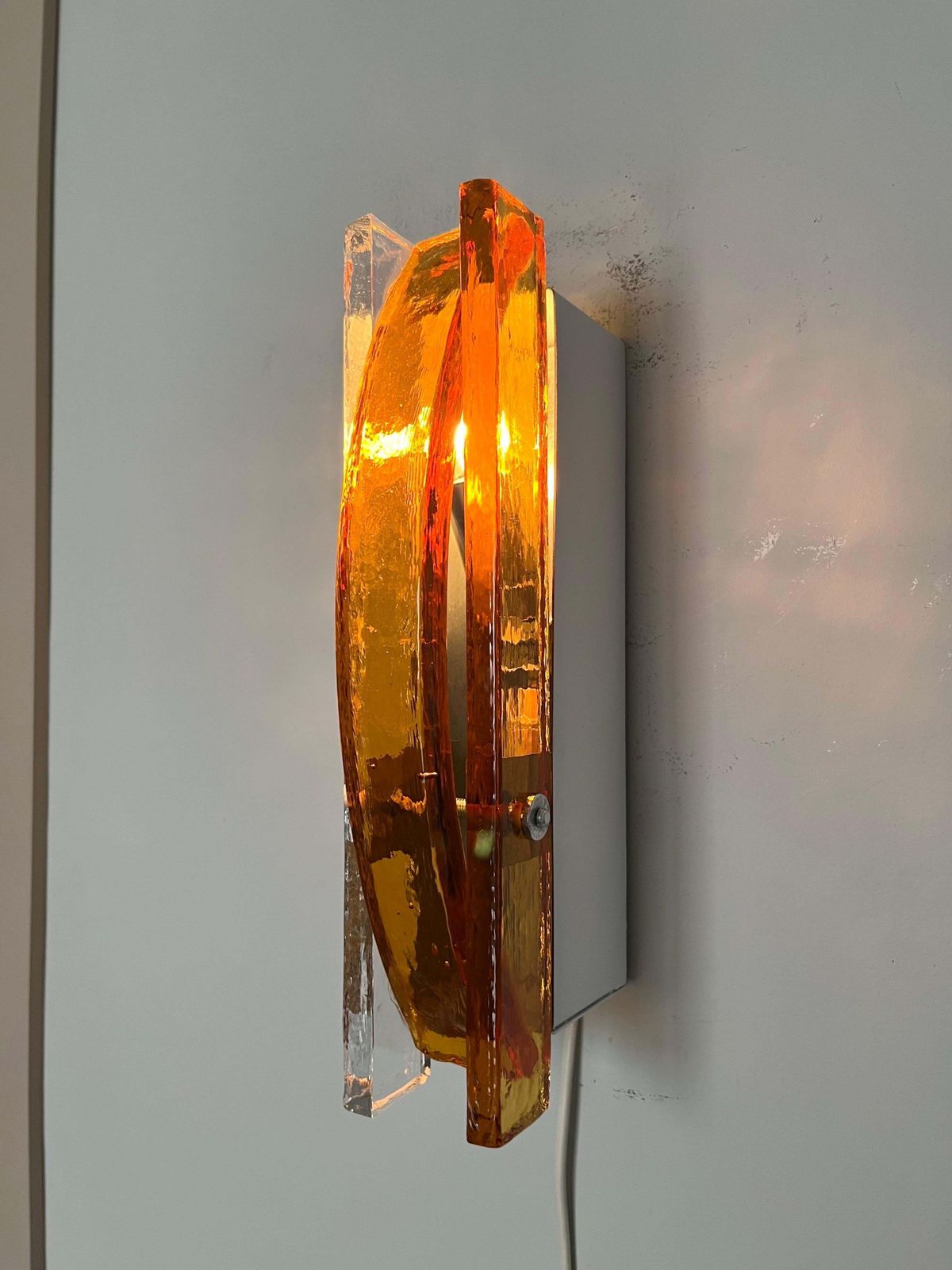 Lighting Italian Mid Century Pair Of Amber Clear Murano Wall Sconces By Poliarte, 1970s photo
