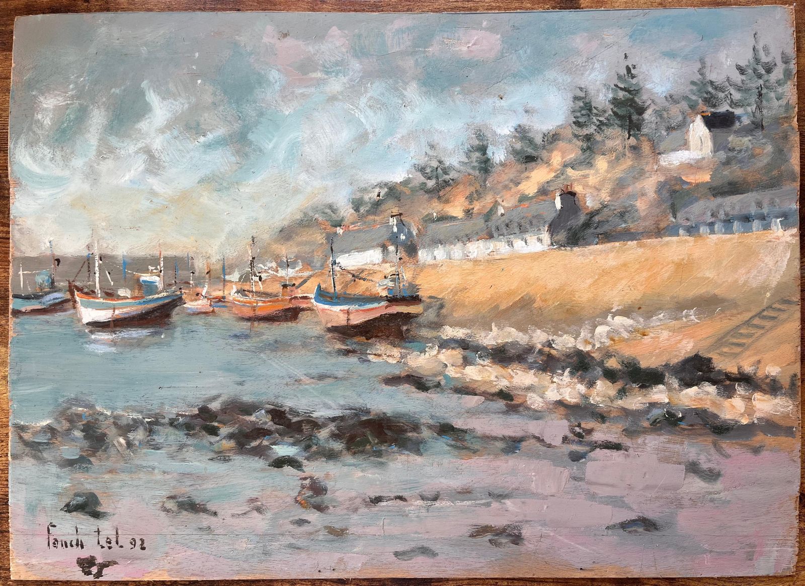 Fanch Lel French Coastal Village With Moored Fishing Boats And Rocky Shoreline 1992 photo for sale