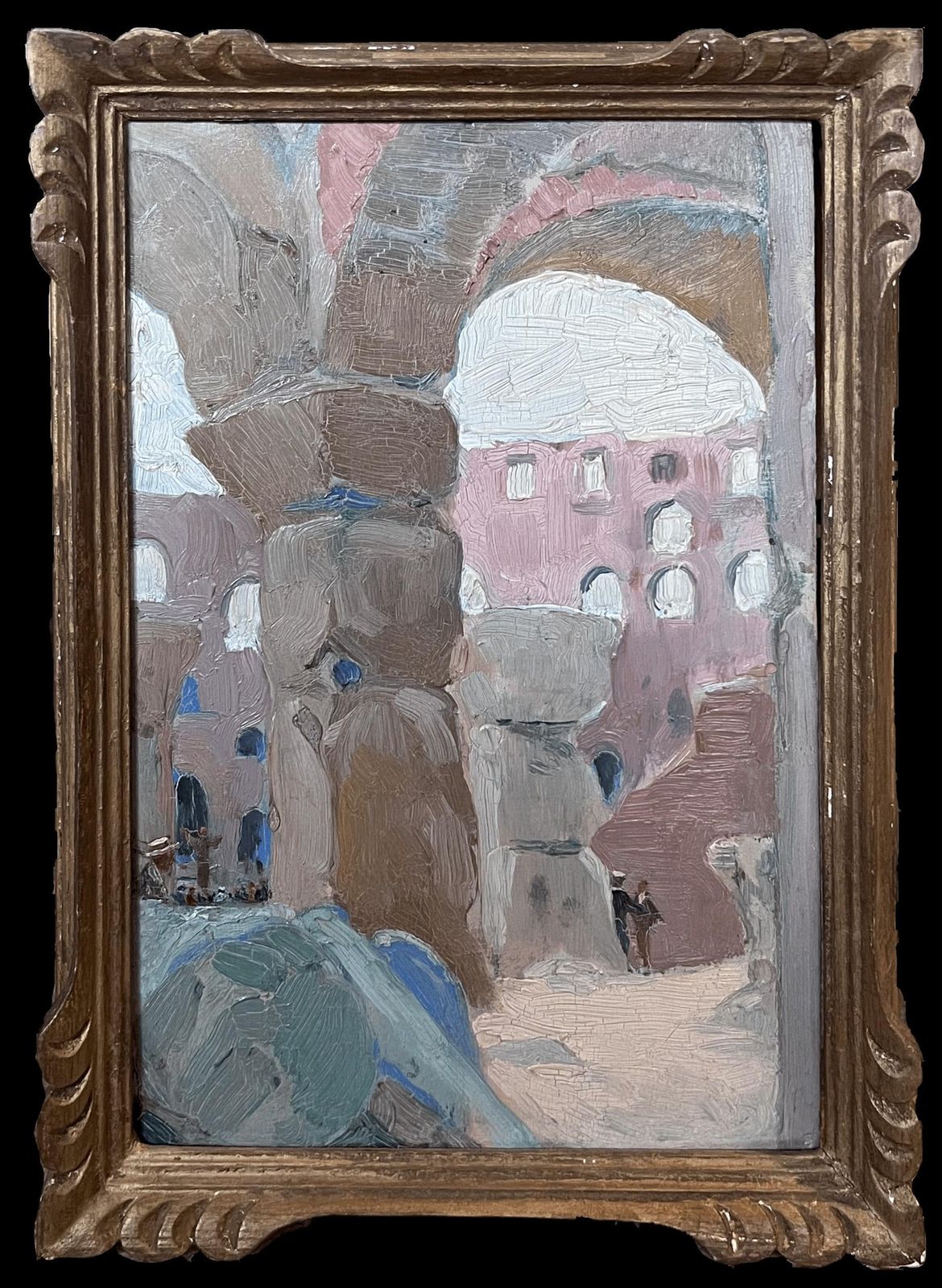 Etienne Auguste Krier Fine 1900's French Impressionist Oil Painting Travellers Admiring Ancient Ruins