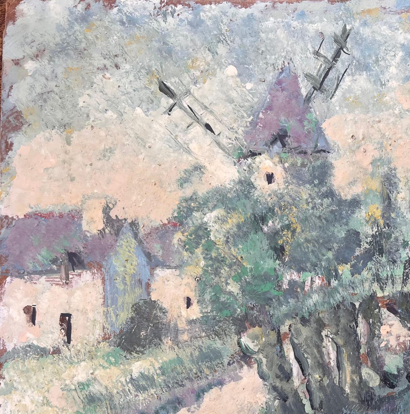 Fanch Lel French Countryside Oil Painting With Windmill Pond And Cottages photo for sale