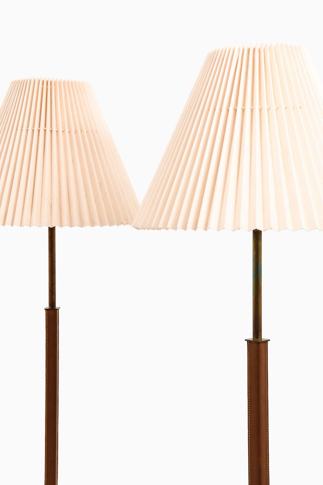 Rare Pair Of Floor Lamps In Leather, Brass And Original Shades, 1950's photo furniture