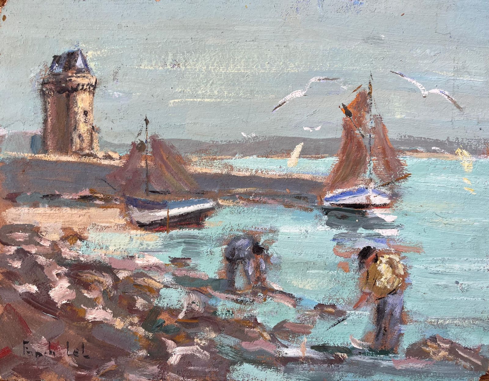 Fanch Lel Fishing Boats And Shellfish Gatherers By Coastal Fort With Seagulls