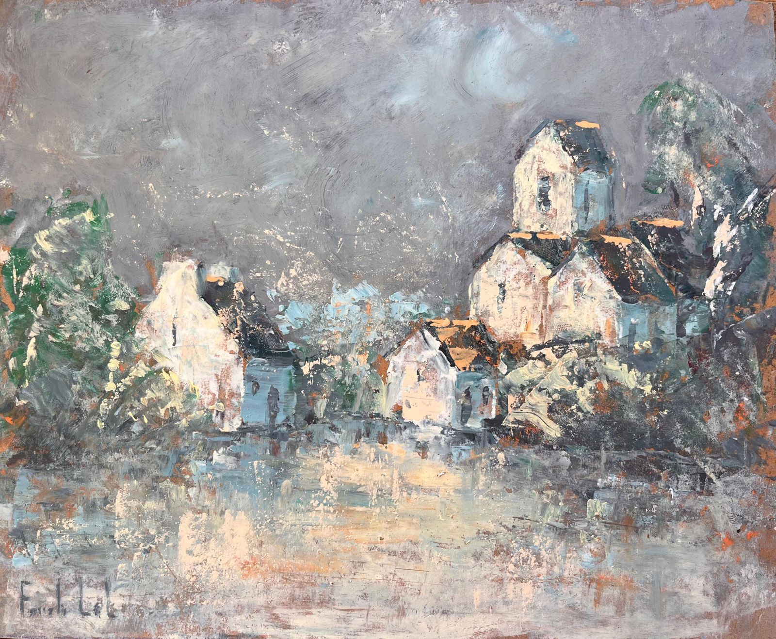 Fanch Lel French Expressionist Oil Of Village With Church Under Stormy Sky