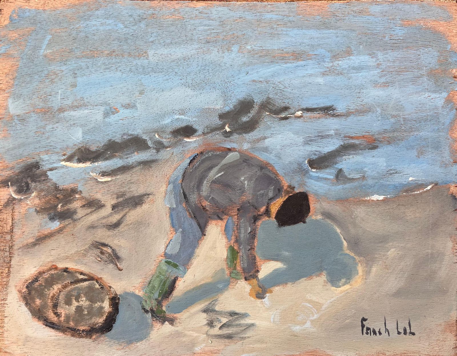 Fanch Lel Post Impressionist French Coastal Scene Of A Clam Digger On The Beach