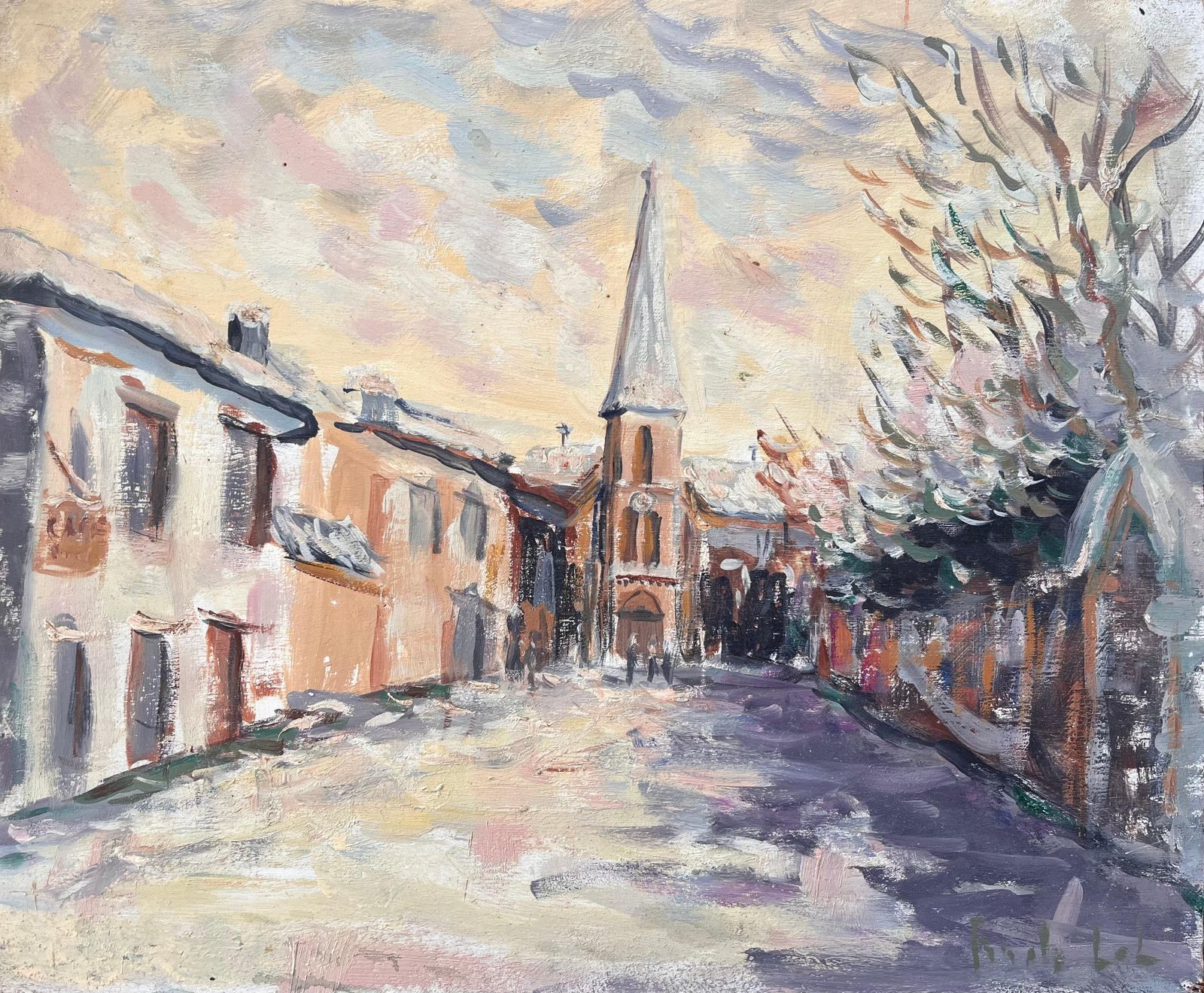 Fanch Lel French Impressionist Street Scene With Church And Snow Covered Trees At Dusk