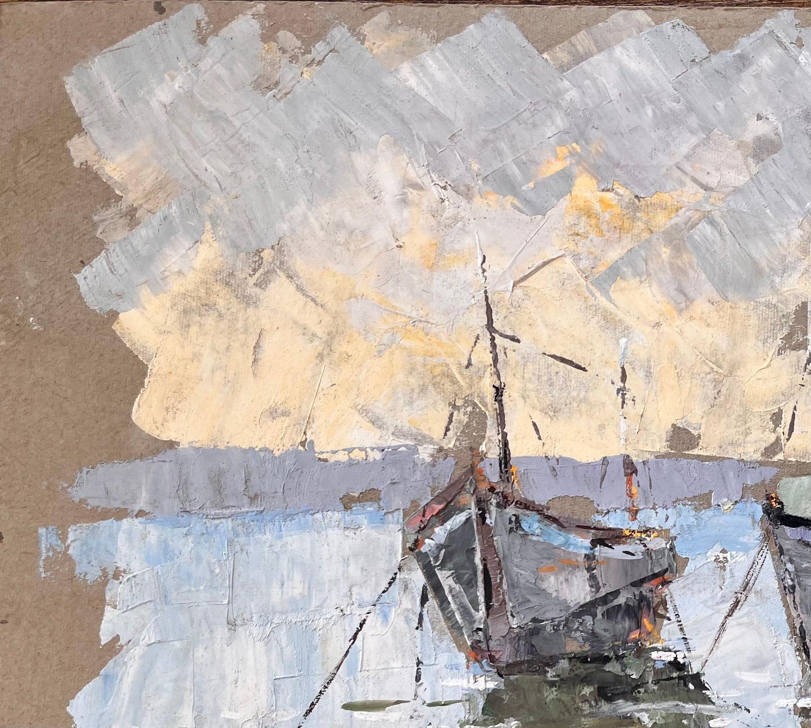 Fanch Lel Textured Coastal Oil Painting Of Fishing Boats And Lighthouse With Dramatic Sky 1993 photo 525.0