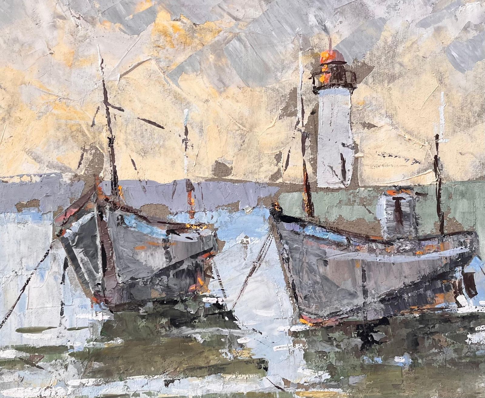Fanch Lel Textured Coastal Oil Painting Of Fishing Boats And Lighthouse With Dramatic Sky 1993 photo buy
