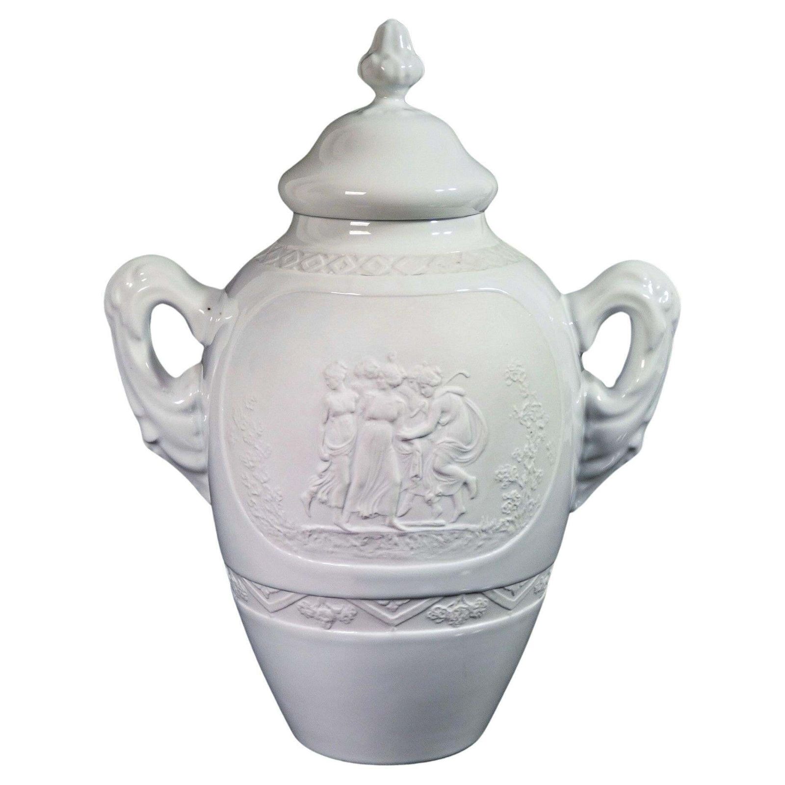 Limoges Vase Made Of Biscuit Ceramic And Enamel, With Bas Reliefs In Classical Style