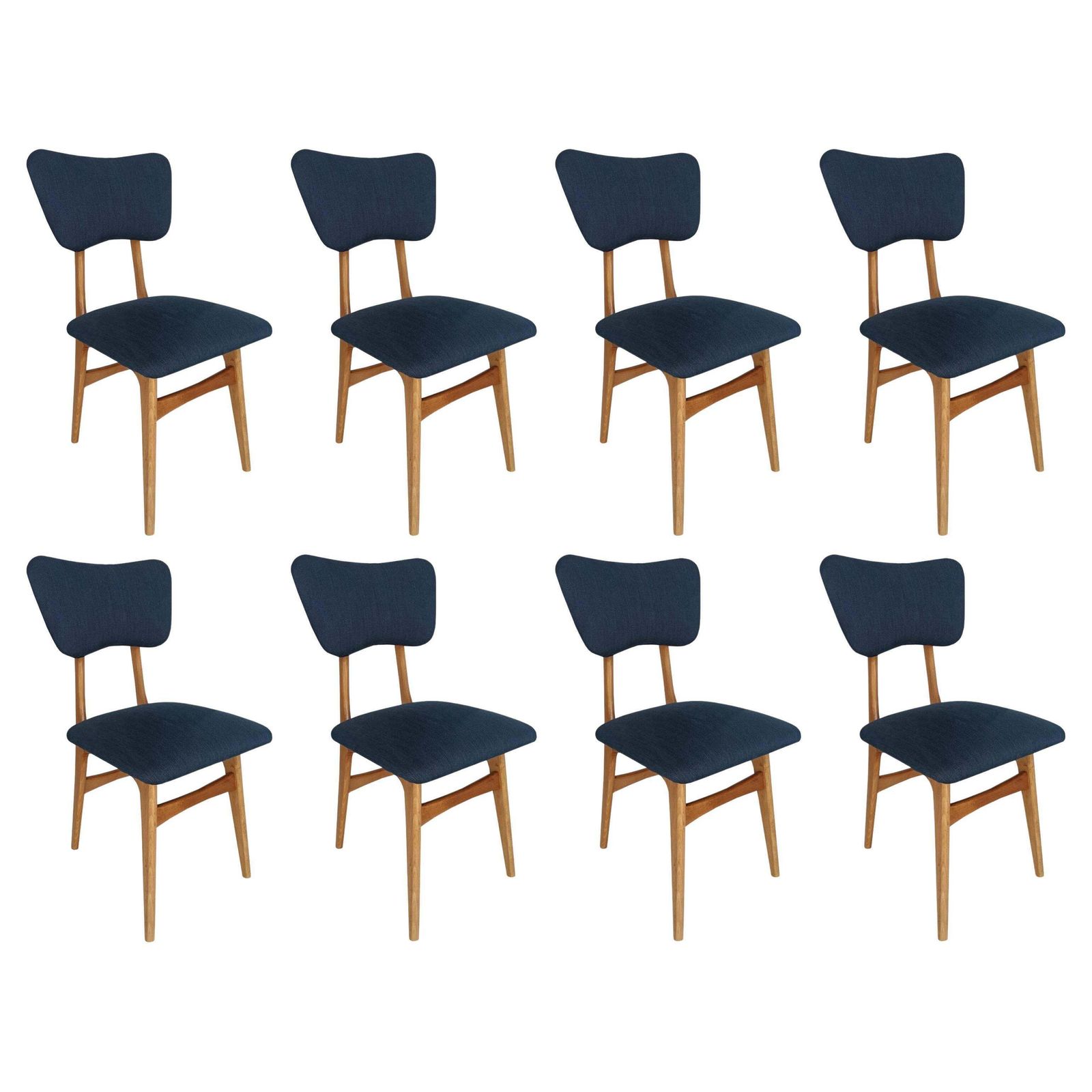 Eight Mid Century Butterfly Chairs, Indigo Pierre Frey Linen, Oak Wood, 1960