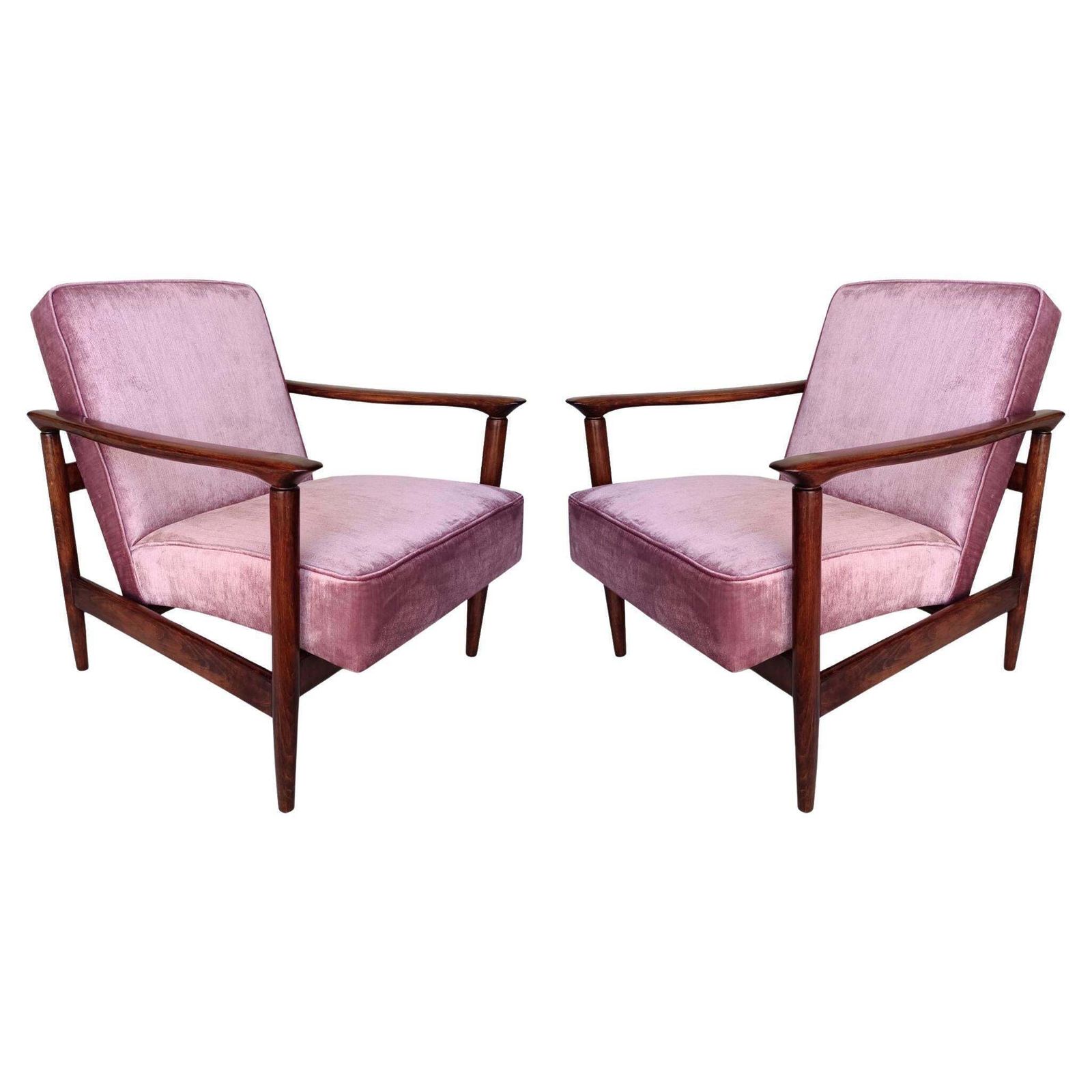 Pair Of Pink Glossy Velvet Armchairs, Designed By Edmund Homa, Europe, 1960s.