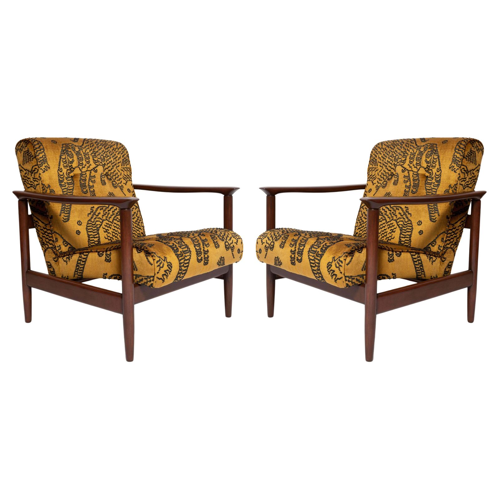 Pair Of Midcentury Tiger Velvet Armchairs, Gfm 142, Edmund Homa, Europe, 1960s