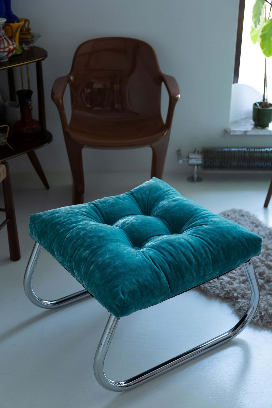 photo vinterior Mid Century Bench Stool, Turquoise Blue Dedar Plushy Velvet, Bauhaus, 1970s