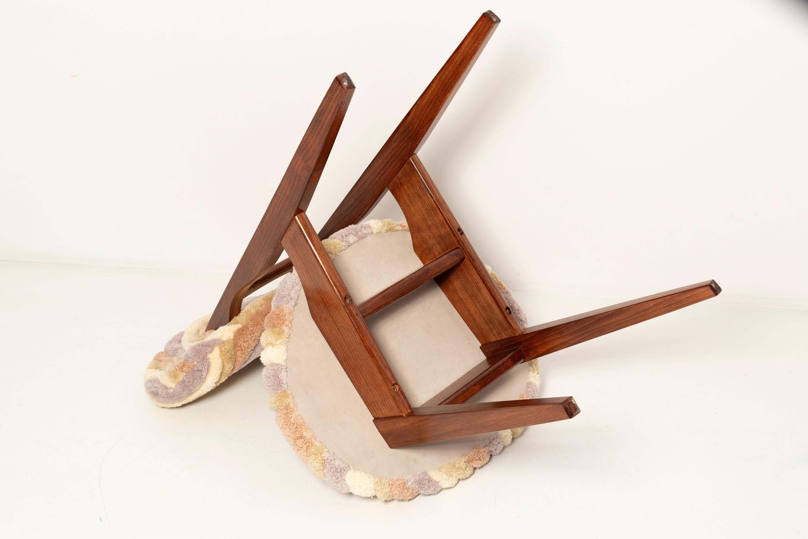 photo for sale Set Of Eight Mid Century Mushroom Chairs, Hand Tufting Beige Wool, Europe, 1960s