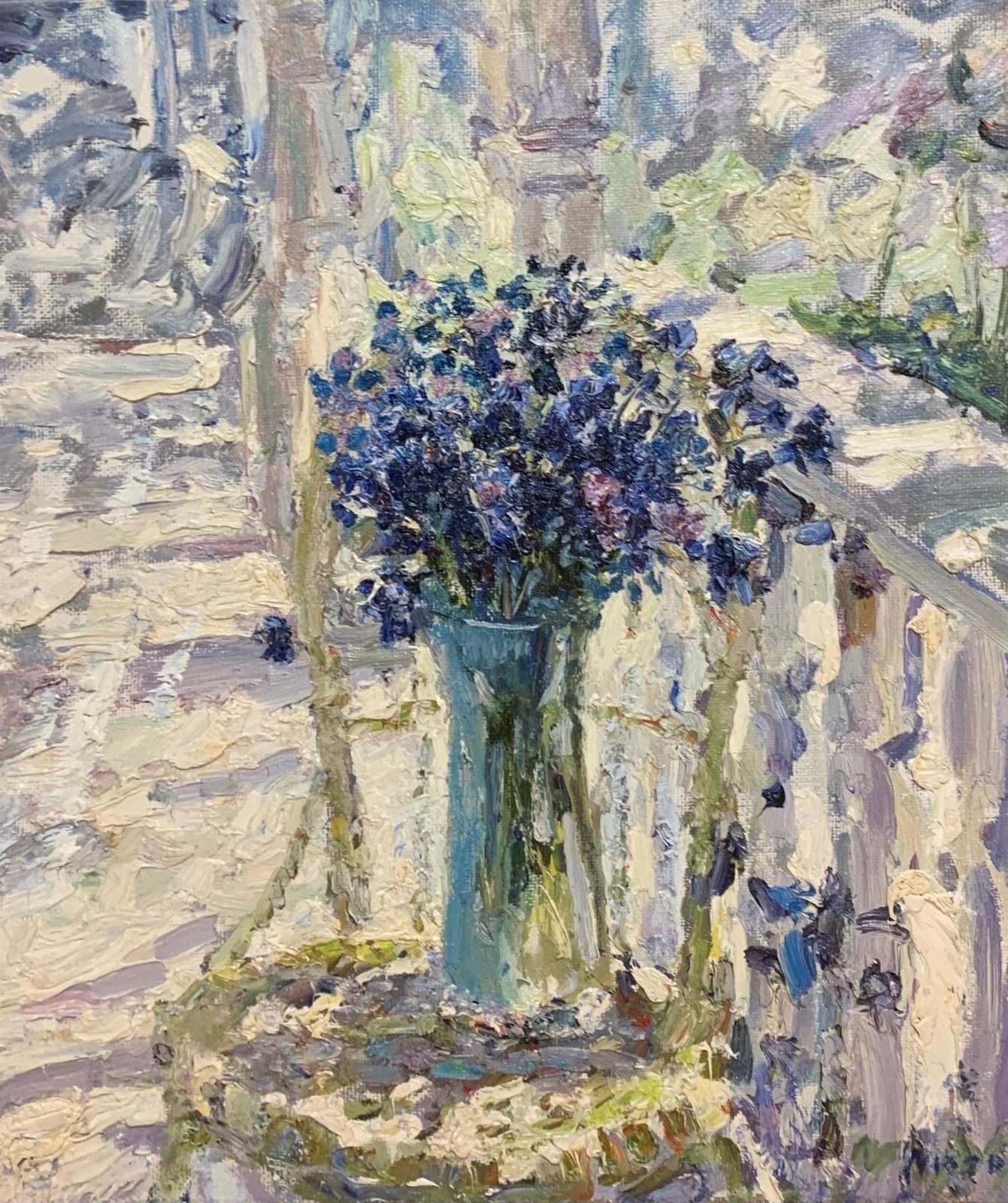 Georgij Moroz"Cornflowers"Light Blue Cm. 54 X 62 Oil1997 photo furniture