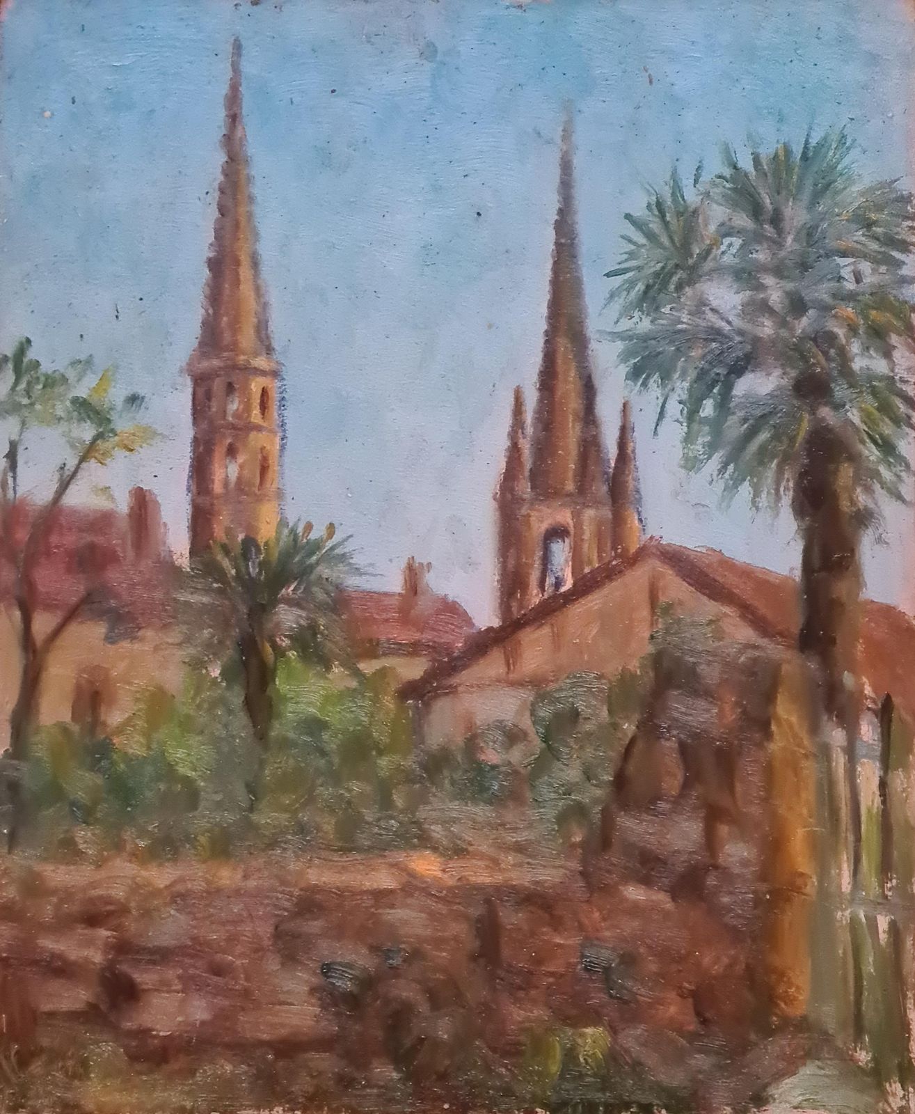 Georges Guerinfrench Impressionist Barbizon School Oil On Board, Palm Tree And Spires1930s