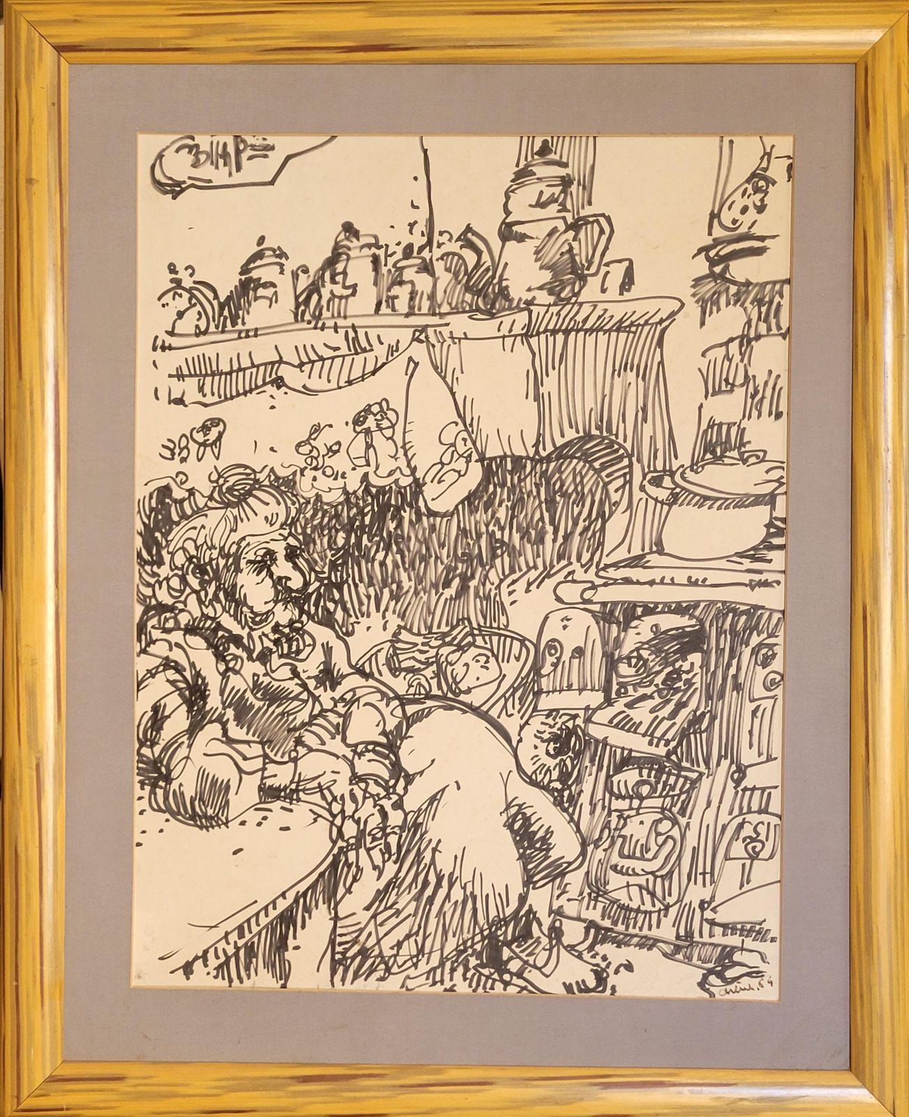 Jean Arènemid Century French Feutre On Paper. Tea Time In The Kitchen.1964