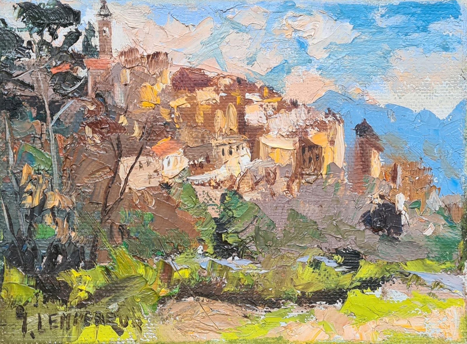 Saint Paul De Vence, Mid Century French Impressionist Oil On Canvas, The Village Perché, By Jules Gustave Lempereur photo furniture