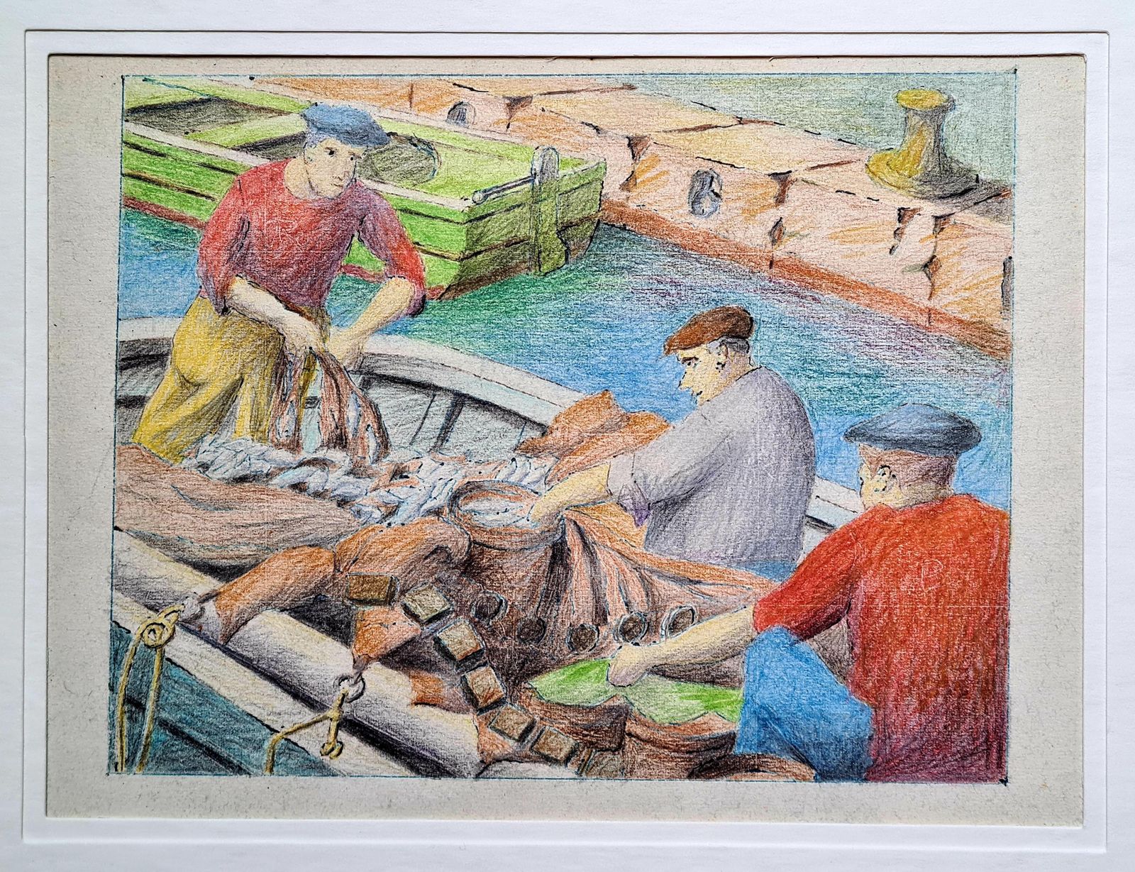Unknownmid Century French Drawing Of The Fishermen, Port Of Nice, South Of France.1970 photo for sale