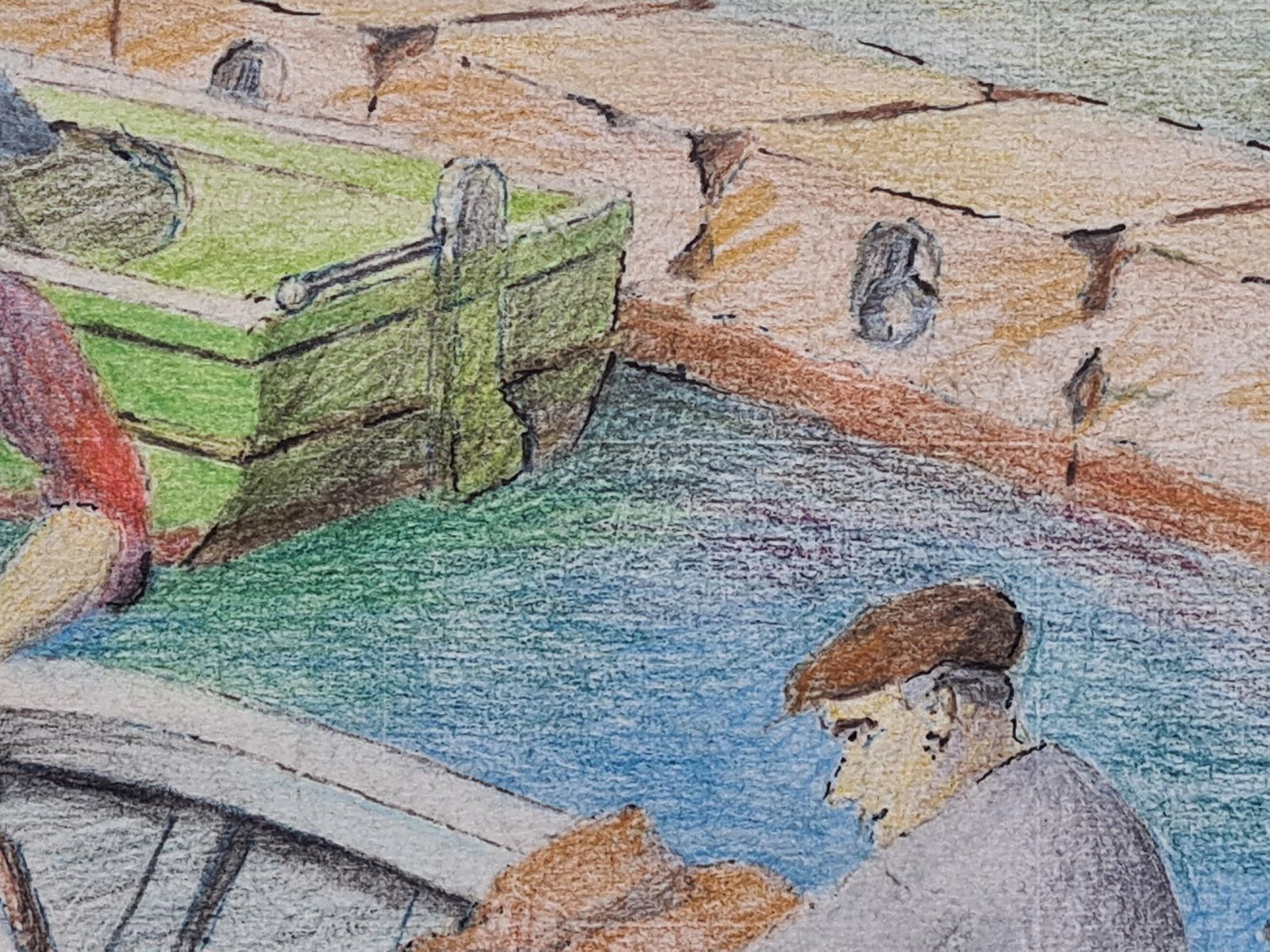 Unknownmid Century French Drawing Of The Fishermen, Port Of Nice, South Of France.1970 photo vintage