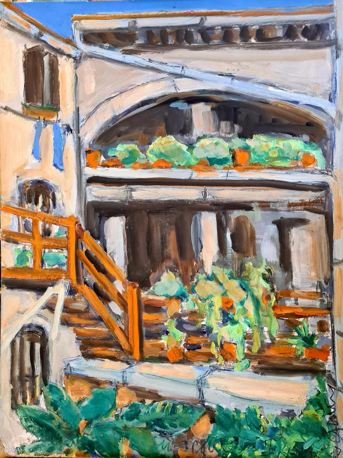 Colourful French Courtyard Garden View, The Geraniums By Claude Gemy