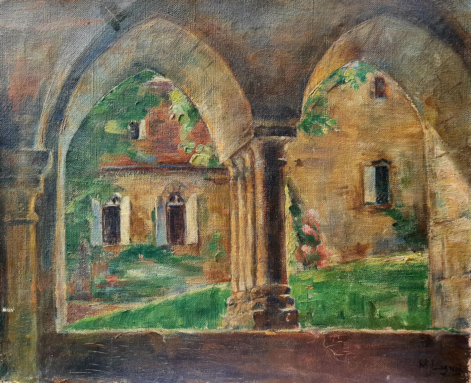 French Impressionist Oil On Canvas Painting, In A Monastery Garden, 1900s By M Lagrosk