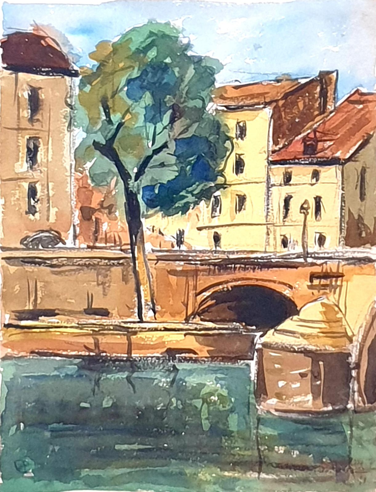 386.0 Mid Century Watercolours Double Sided On Paper, Village Landscape Or Canal View From 1951 By André Pierard photo