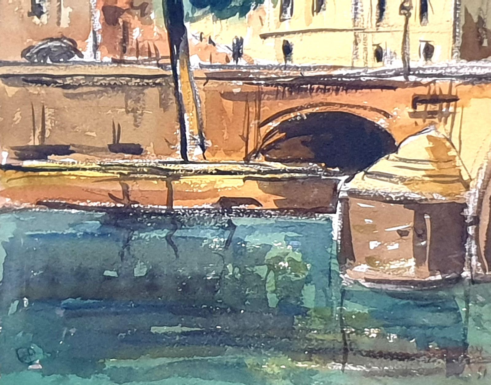 photo vintage Mid Century Watercolours Double Sided On Paper, Village Landscape Or Canal View From 1951 By André Pierard
