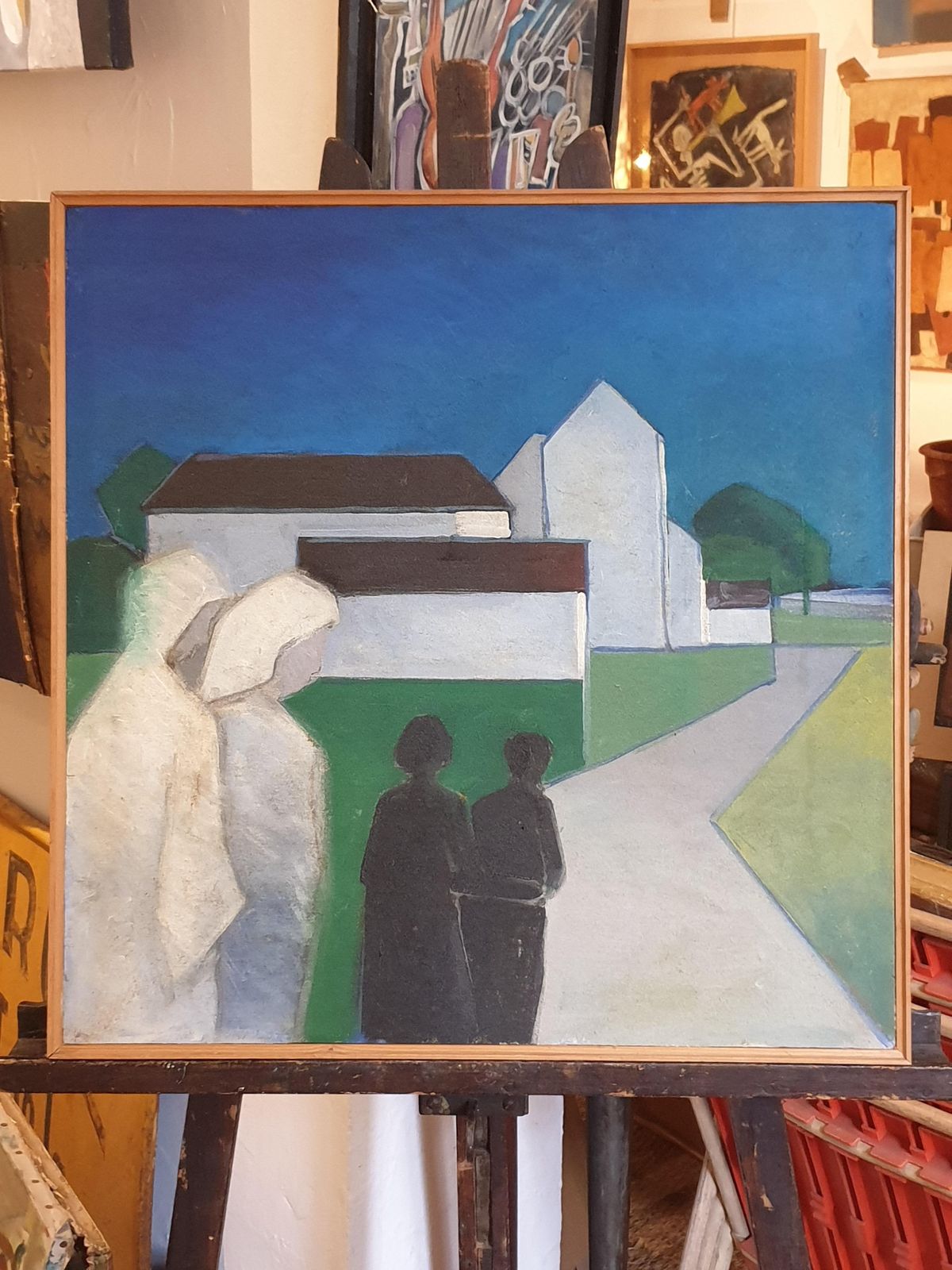 Poul Møller, Danish Mid Century Colourfield Oil On Board Of Houses And People In A Landscape. (1977) photo furniture
