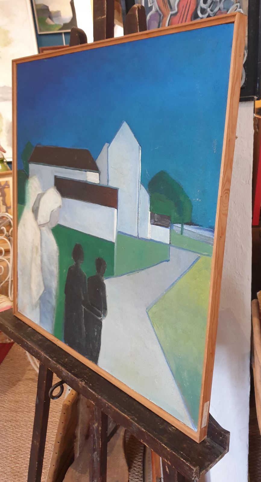 photo vinterior Poul Møller, Danish Mid Century Colourfield Oil On Board Of Houses And People In A Landscape. (1977)